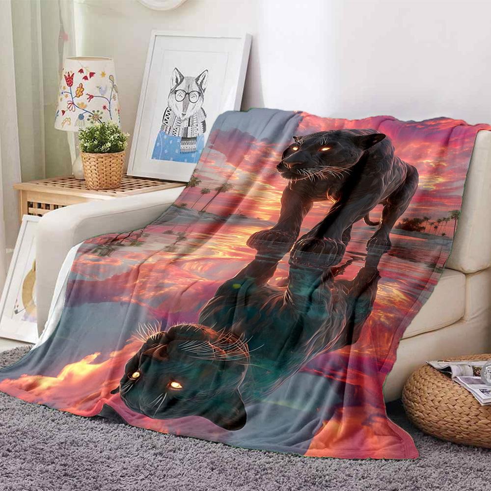 1pc Panther Reflection Sunset Blanket Lightweight Flannel Blanket Throw Blanket For Sofa, Bed, Travel, Camping, Livingroom, Office, Couch, Chair, And