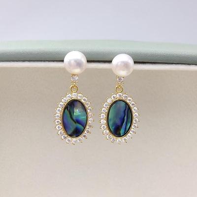 Natural Freshwater Pearl & Oval Abalone Shell Earrings: Stylish Retro Studs