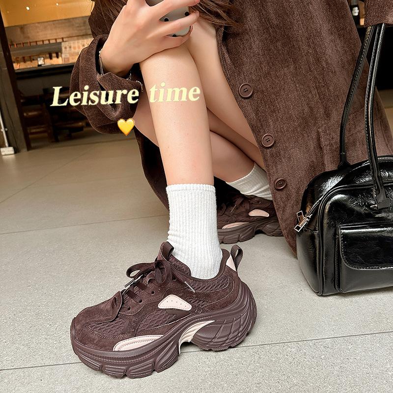 Grape Mother Autumn and Winter New Sports Style Color Matching Lace-up Heightening Thick-soled Suede Dad Shoes Women's Autumn and Winter