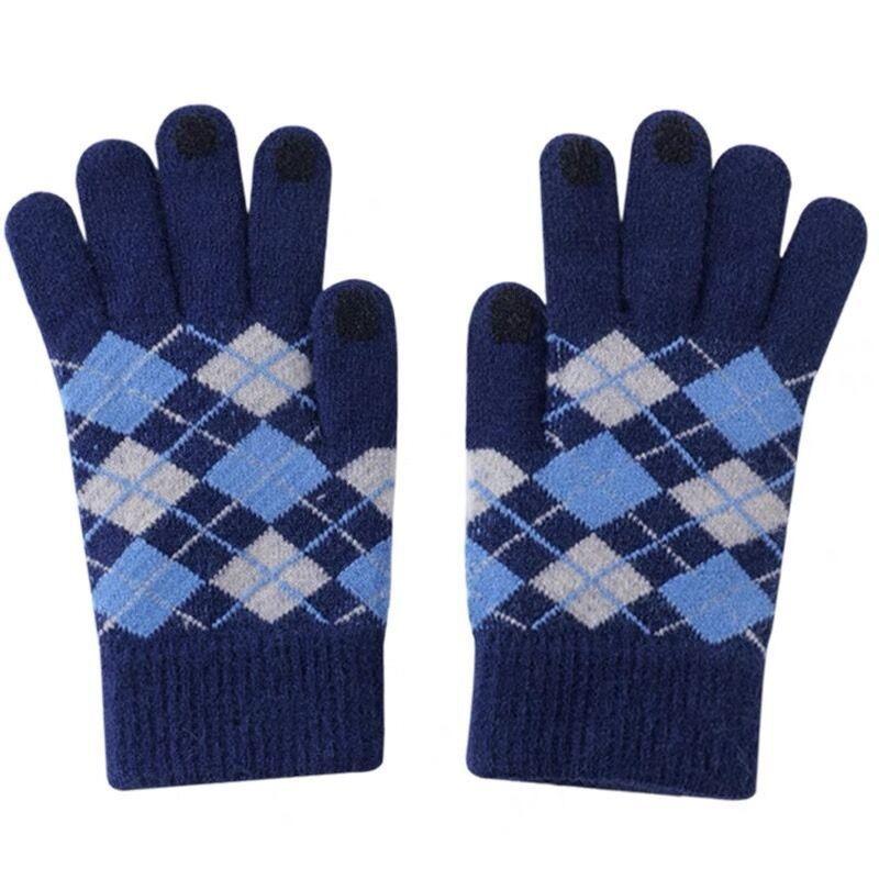 Warm gloves women's winter wool knitted color matching rhombus lattice cold-proof and velvet five-finger students can ride