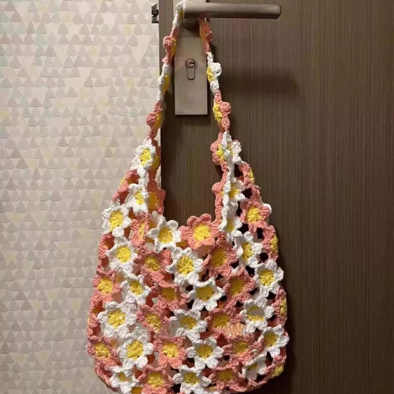 Handmade Crochet Floral Print Shoulder Bag - Summer Gift for Her