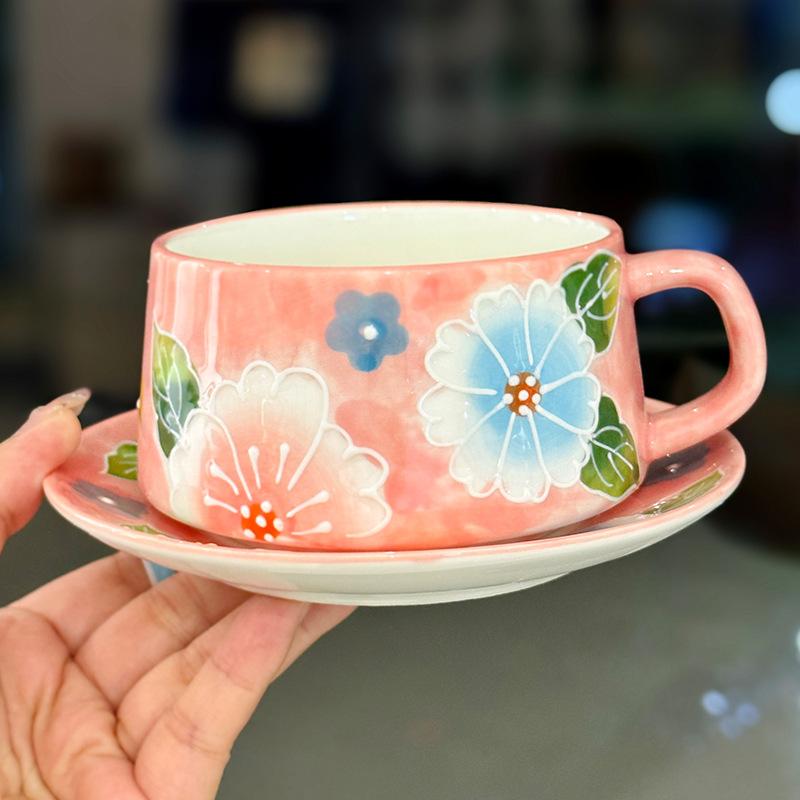 Girls High-Value Flower Mug Office Ceramic Coffee Cup Underglaze Color Afternoon Tea Coffee Cup Saucer Set