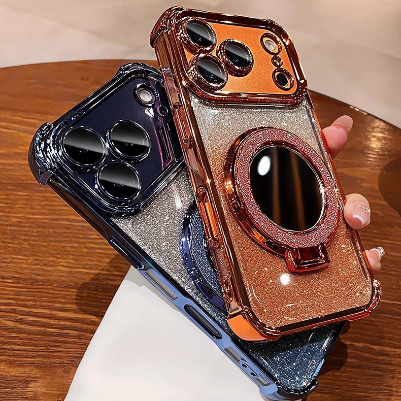 Glitter Mirror Ring Holder Gradient Case for For Iphone 1 16 17 Pro Max Air 14 Plus 12 13 Plating Bracket Make Up Lens Film Cover