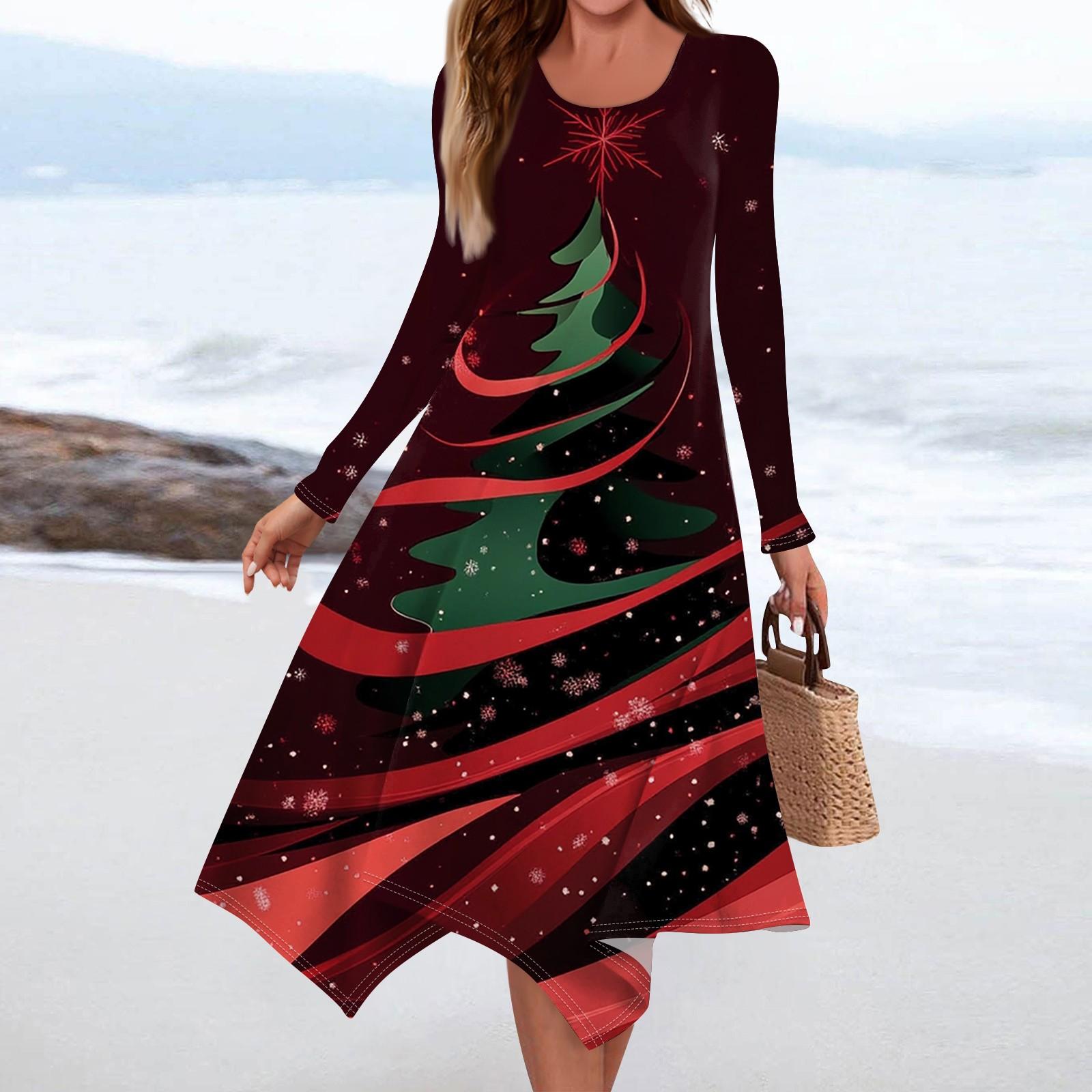 

Женское повседневное модное платье миди с круглым вырезом и длинным рукавом с принтом и неровным подолом S