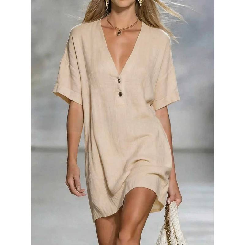 Abito Estivo in Cotone e Lino da Donna con Scollo a V e Collo Semiaperto Stile Casual A-line
