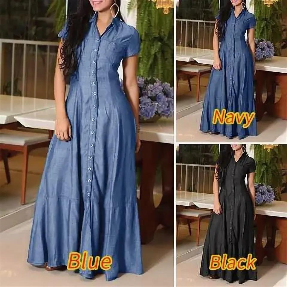 Cross-border New Long Dress, Shirt Collar Pocket Big Skirt Plus Size Casual Denim Dress