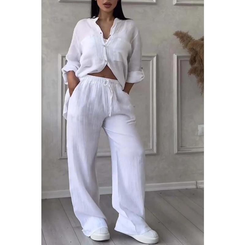 İlkbahar ve Sonbahar Kadın Düz Renk Tek Sıra Düğmeli Uzun Kollu Gömlek Geniş Paça Pantolon Bağcıklı Pantolon Takımı