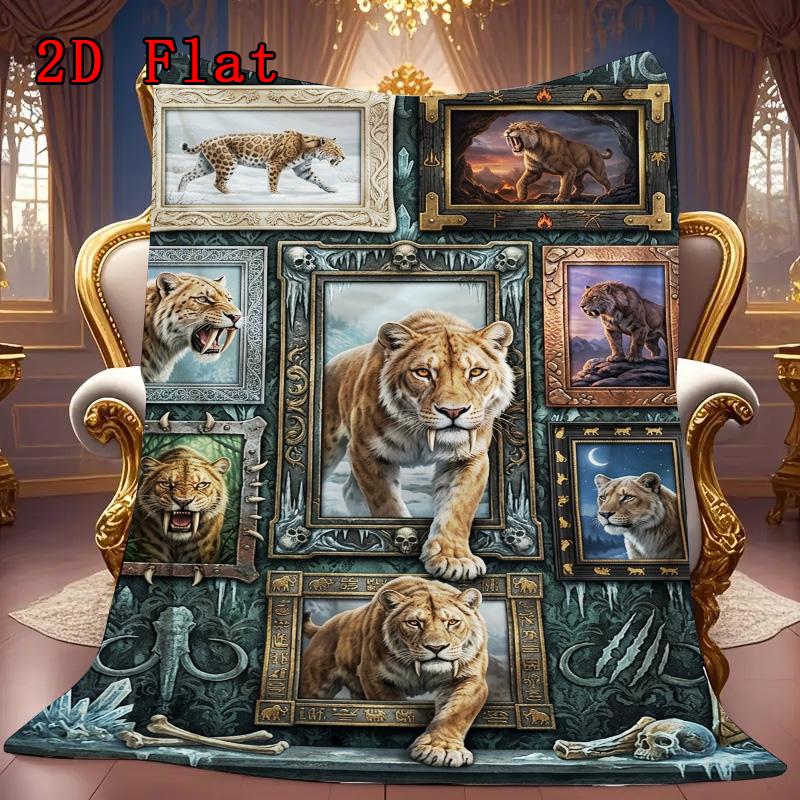 Prehistoric Feline Evolution 2D Flat Pattern Flannel Blanket, High Quality All Seasons, Home Decor, Warmth and Comfort, Perfect for Christmas Gifts.