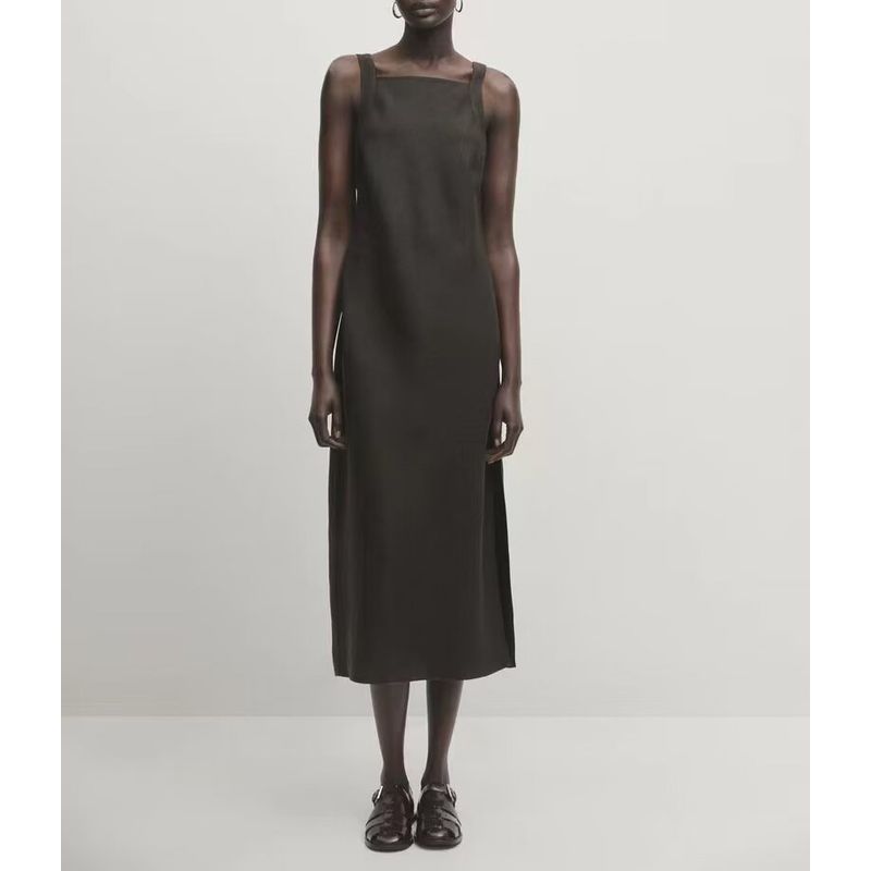 MD Spring/Summer New Holiday Elegant Dignified Side Slit Linen Blended Sling Length Dress 6695100