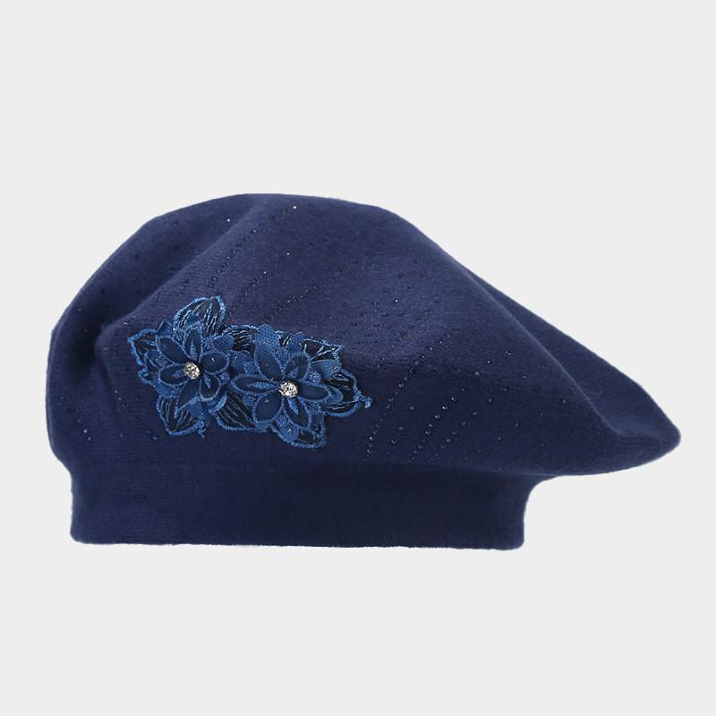 

French Retro Beret Cap With Embroidered Floral Details For Womens Winter Fashion Accessory Темно-синій