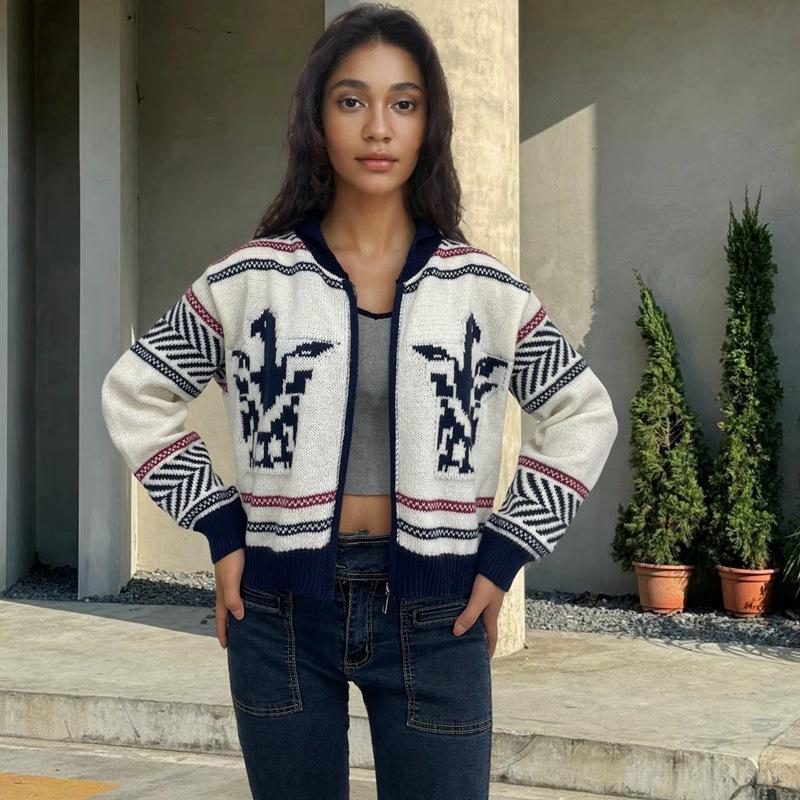 Women S Autumn Winter Knit Zip Up Cardigan Sweater Geometric Pattern S