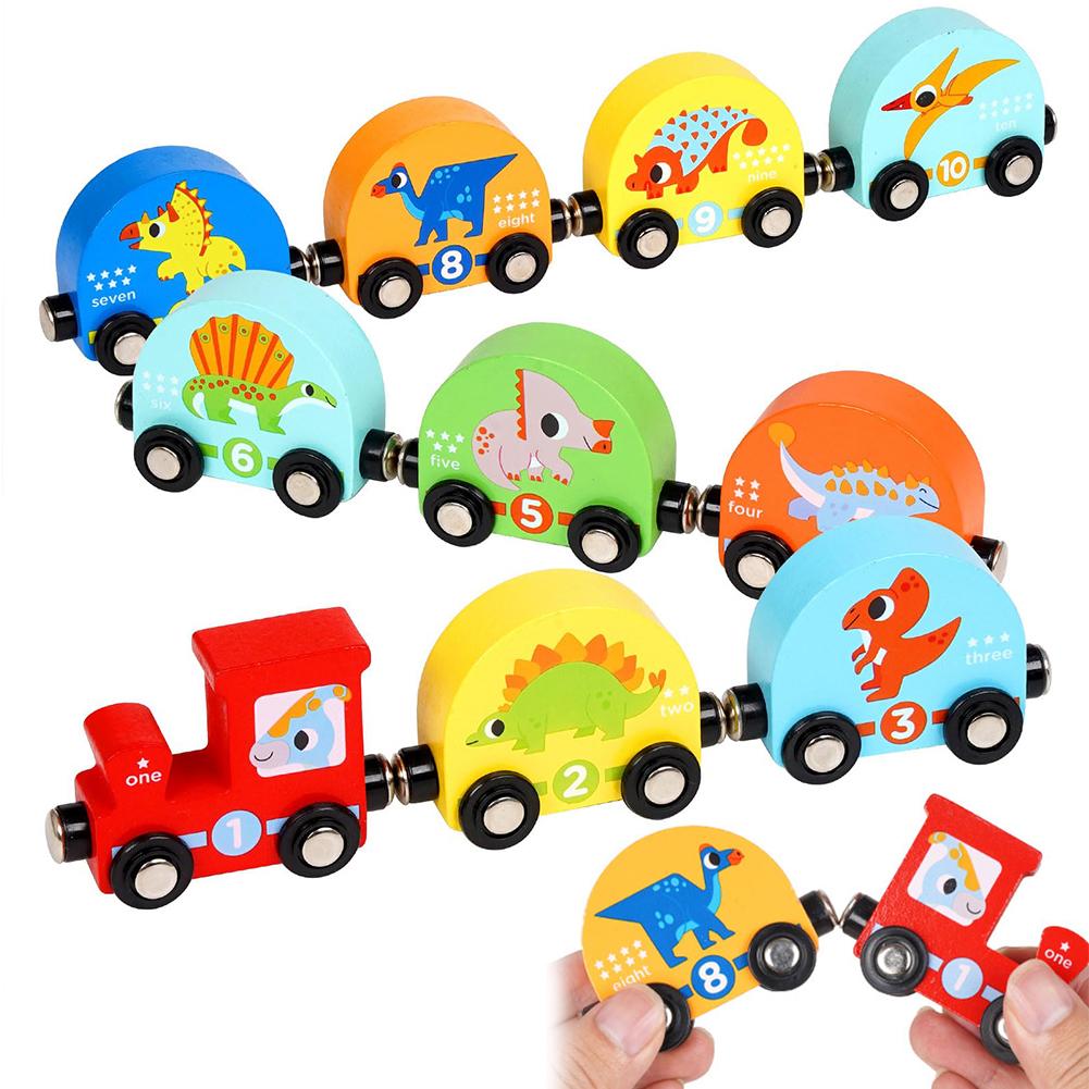 Magnetic Wooden Dinosaur Train Set Montessori Toys Montessori Preschool Educational Learning Toy Number Train Toys for Toddlers