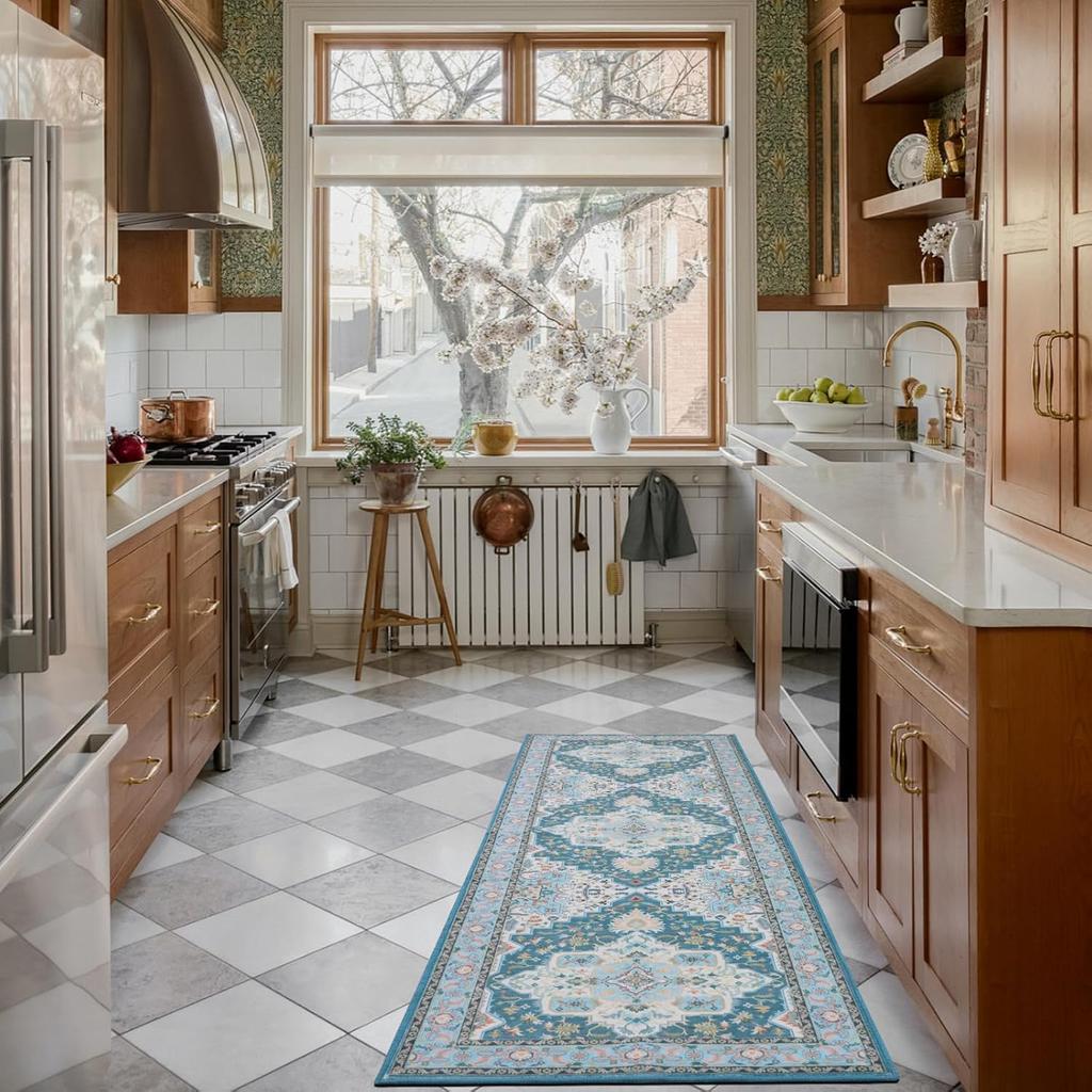 Non-Slip Boho Small Area Rugs for Entryway, Machine Washable Vintage Rug, Indoor Floral Print Carpet for Home Decor