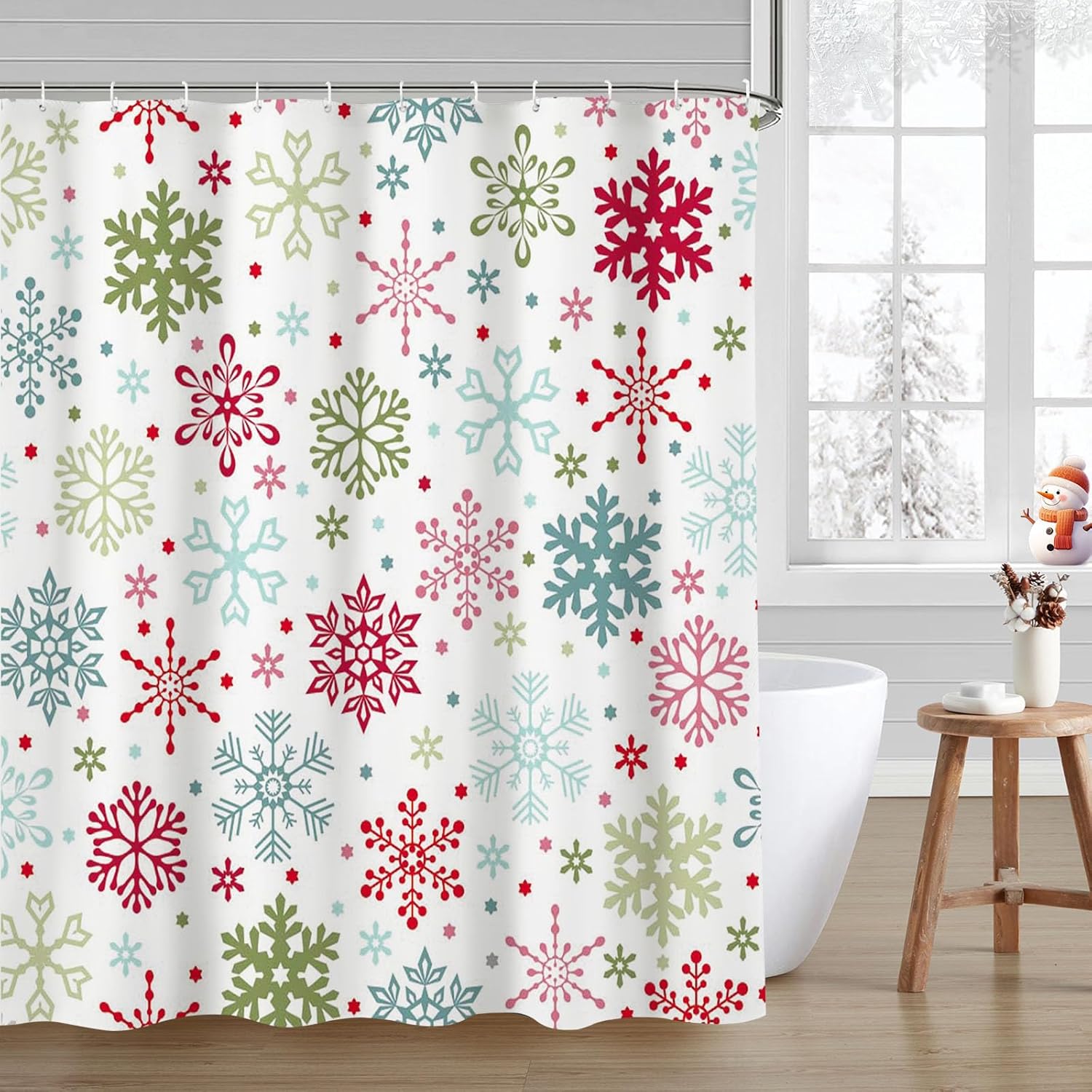 

Winter Christmas Shower Curtain Bathroom Snowflake Bathroom Decoration Washable Durable Fabric Bathroom Curtain W90xH180cm
