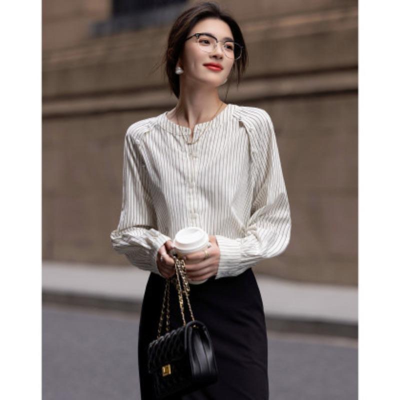 Cold Korean Feng Qiu Breathing Cloud Cotton Stripe Shirt Covering Meat Easy To Wear Shirt Women's Top