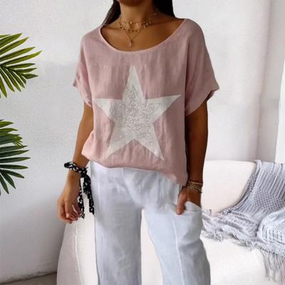 Women Summer Tops Short-Sleeved Round-Neck T-Shirt Hot Drill Star Print Loose Fit Casual Tee Shirt Daily Wear