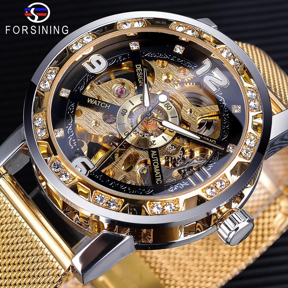Forsining Watch Men S Fashion Casual Classic Popular Mesh Belt Hollow Rhinestone, Manual Mechanical Watch