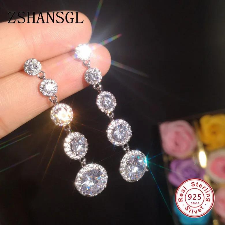 Fashion Female Crystal Round Cut Drop Earrings AAA Zircon 100% Sterling Silver Filled Wedding Long Dangle Earrings