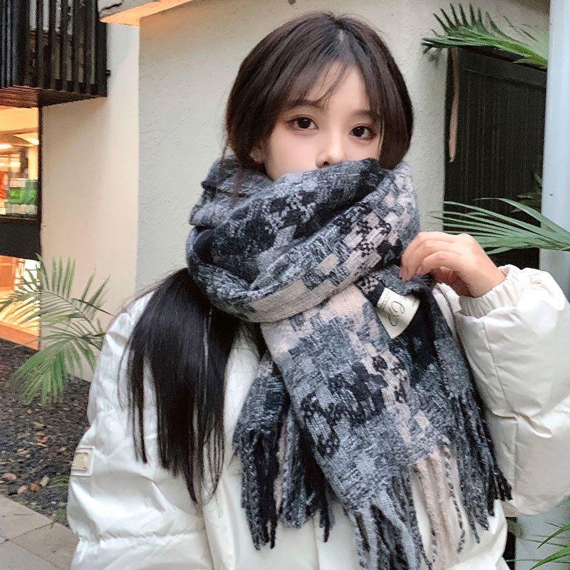 Korean Style Plaid Mohair Scarf - Women's Winter Imitation Cashmere Shawl
