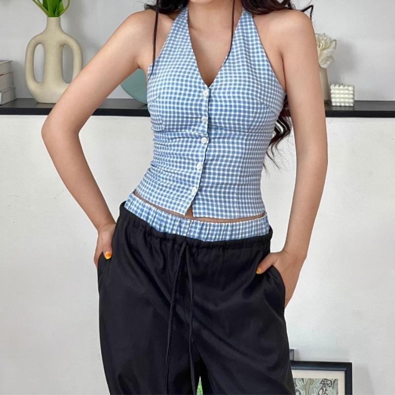 

Ультратонкий топ-халтер в клетку в стиле ретро M синий