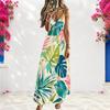 Women Plus Size Spaghetti Strap V Neck Sleeveless Green Blue Printed A Line Long Dress
