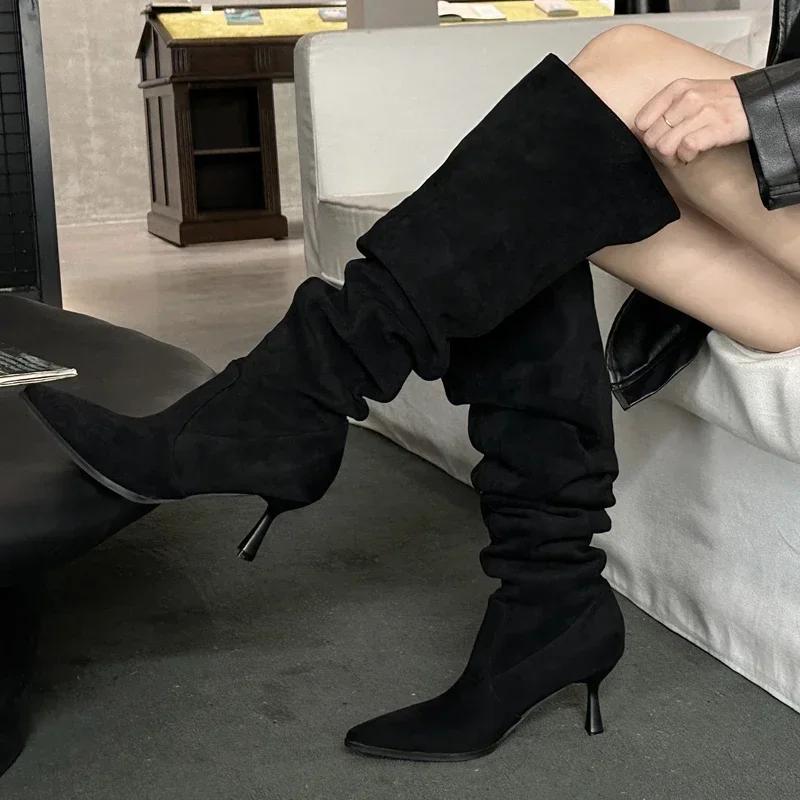 Mode Damen Stiefeletten Street Style Spitzschuh Kniehohe Stiefel Sexy Plissee Dünne Absätze Stripper Prom Herbst Winter Schuh Botas Altas