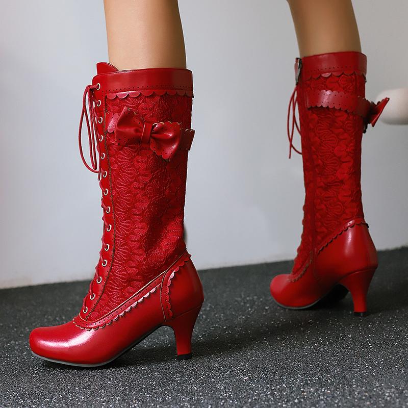 Botas Altas de Moda Otoño Invierno para Mujer Negro Rojo Bota Hasta la Rodilla Femenina Tacón Medio con Cordones Zapatos de Fiesta Señoras Talla Grande