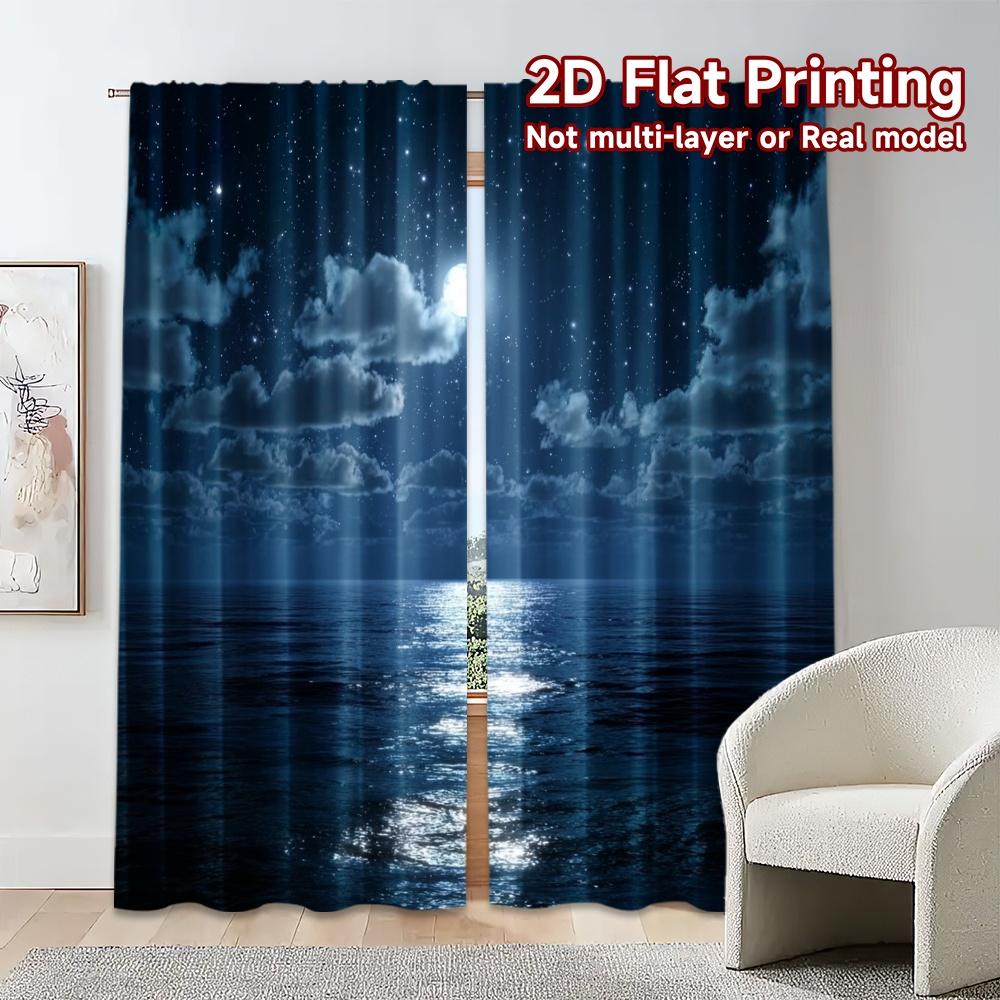 Light Filtering Flat Printing Curtains Without Rod Moonlit Ocean Durable Polyester Curtain Set Of 2 Modern Made Washable