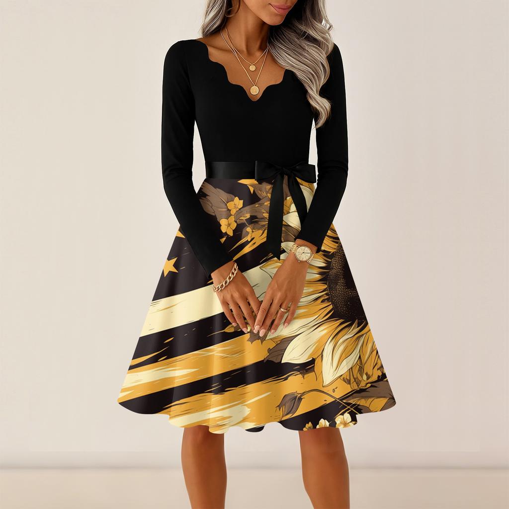 Ladies' Casual and Fashionable V-neck Long Sleeved Retro Independent Day Print Retro Dress