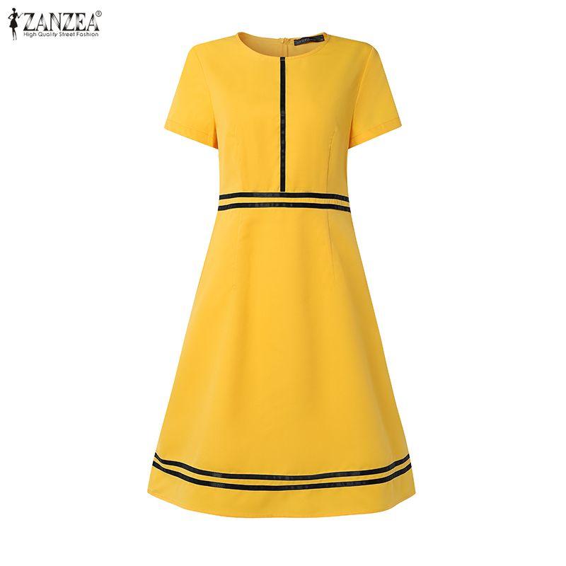 ZANZEA Women Casual Round Neck Short Sleeve Splice A-line Dress