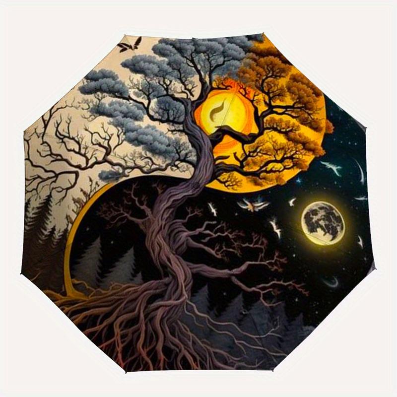Drzewo Życia Yin Yang Faza Księżyca Plakat do Druku na Ścianę Parasol, Przenośny Kompaktowy Parasol Składany na 3 Części dla Mężczyzn i Kobiet,S96