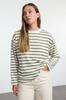 Women's Fashionable Stylish Sweatshirt Green Striped Oversize Wide Cut Crew Neck Thin Knitted Sweatshirt