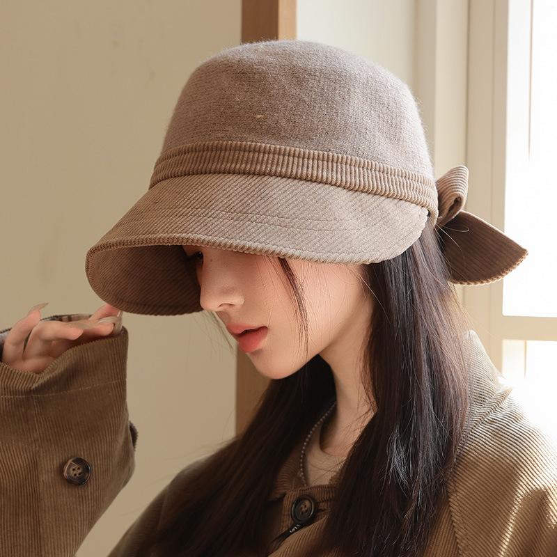 Korean Version of Autumn and Winter New Hat for Women with Big Brim Showing Face Small Duckball Cap Casual Versatile Dome Hat Bow Basin Hat