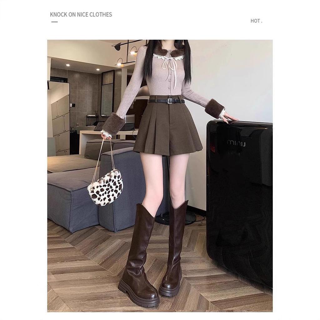 2025 High Waist Coffee Wool Pleated Shorts: Women's A-line Bootcut Wide Leg Skirt for Autumn/Winter.