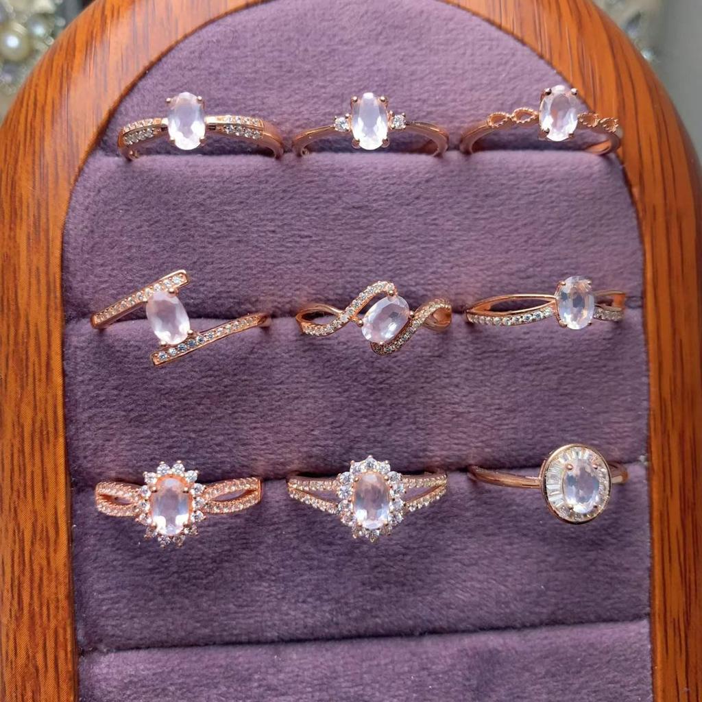 S925 Sterling Silver Rose Gold-Plated Pink Crystal Ring Collection: Classic Princess Styles & Twisted Arm Designs with Colored Gemstones.
