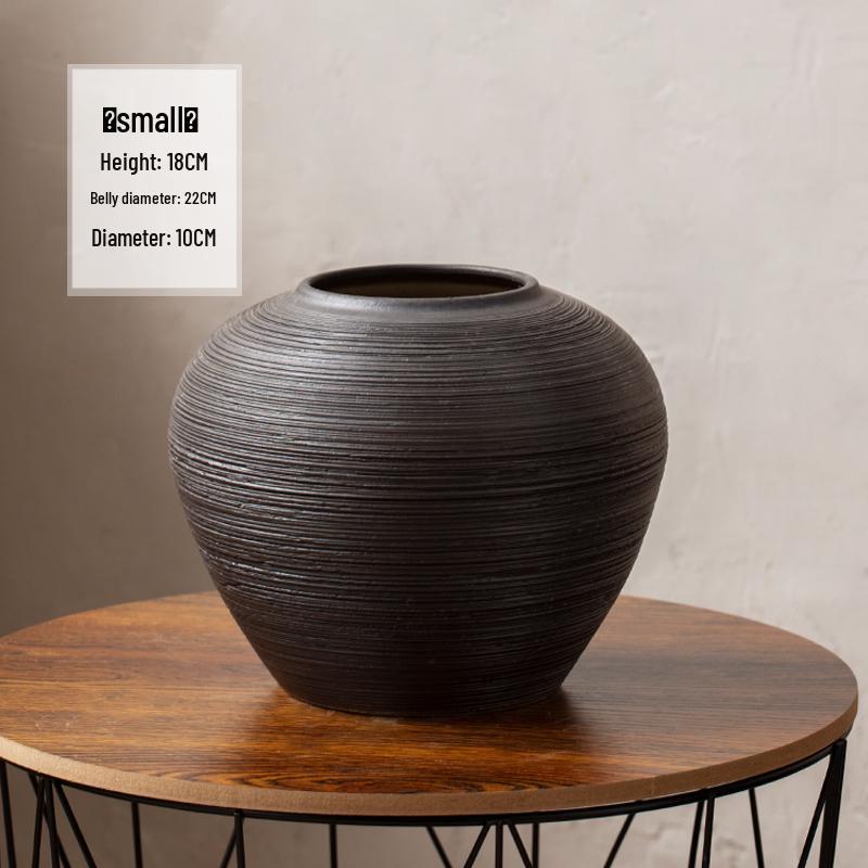 Zen Japanese Retro Black Pottery Vase for Dried Flowers - Large Tabletop Ornament for Living Room or Bedroom