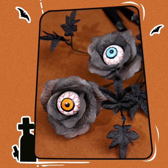 1/2/3Pcs Halloween Artificial Eyeball Flower with Black Maple Leaves Spooky Gothic Fake Silk Flower Home Table Centerpiece Faux Rose Decoration