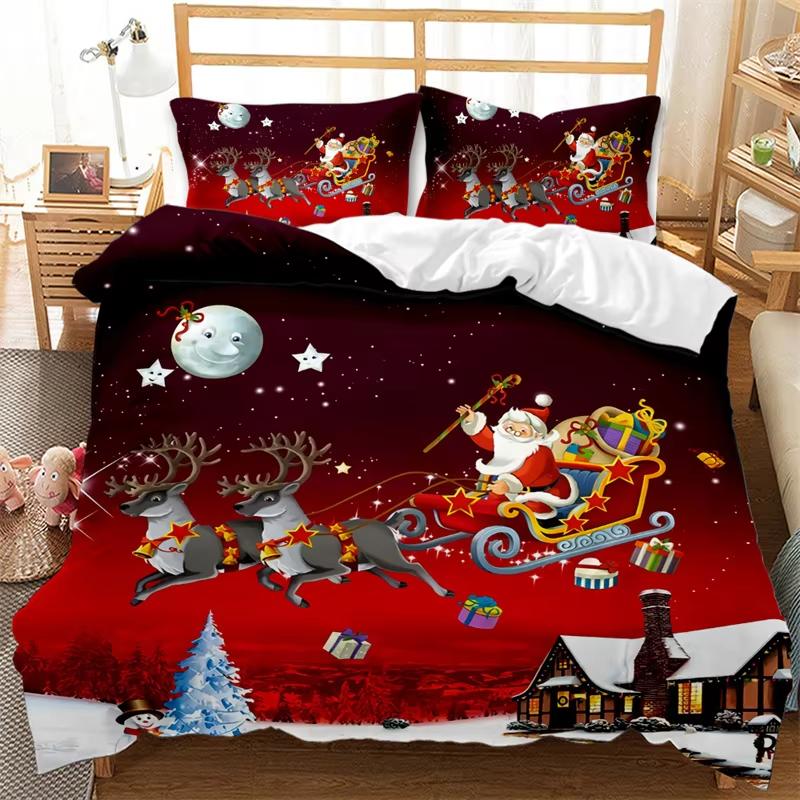 Comforter Christmas King Winter Theme Cartoon Bedding Set Microfiber Santa Claus Elk Carriage Comforter For Girl Boy