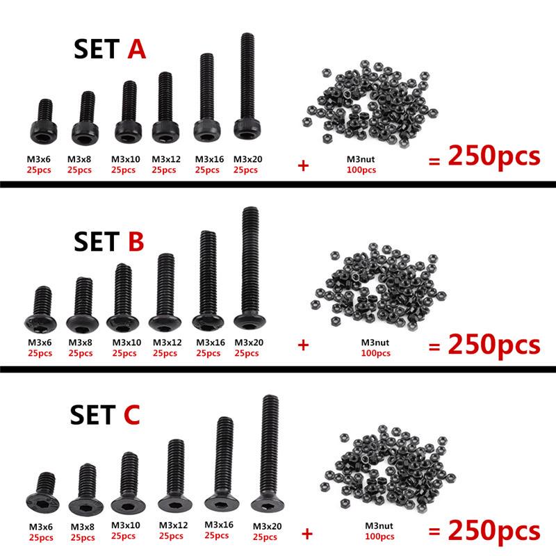 Button Head M3 Black Alloy Steel Hex Socket Screws Bolt with Hex Nuts Assortment 250pcs Screws Nuts