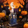 Compact Window Display Items Halloween Tombstone Figurine, Resin Ghost Pumpkin Crow on Retro Haunted House Props Statue for Desktop Holiday