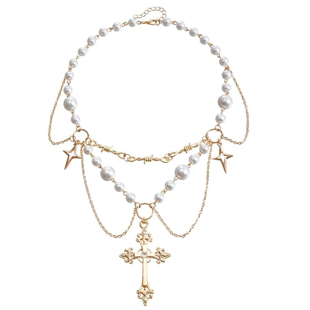 Charm Cross Rosary Necklace Handmade Double-layer Cross Pendant Choker Girl Gifts