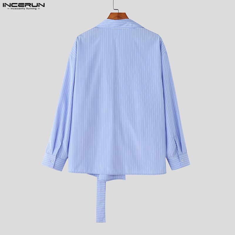 INCERUN Men Spring Turn Down Collar Long Sleeve Side Twisted Striped Print Shirts Tops