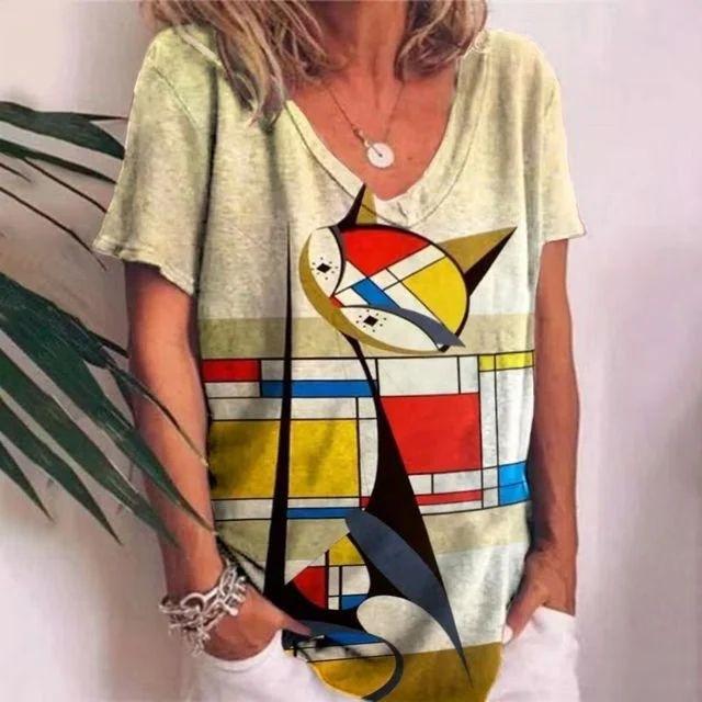 Summer V-neck 3D Cat Printed Top Fashionable Casual Short Sleeved Women's T-shirts