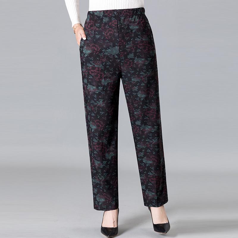 8XL 9XL Middle-aged Women Trousers Print Elastic High Waist Casual Pants Straight Pants Oversize Grandma