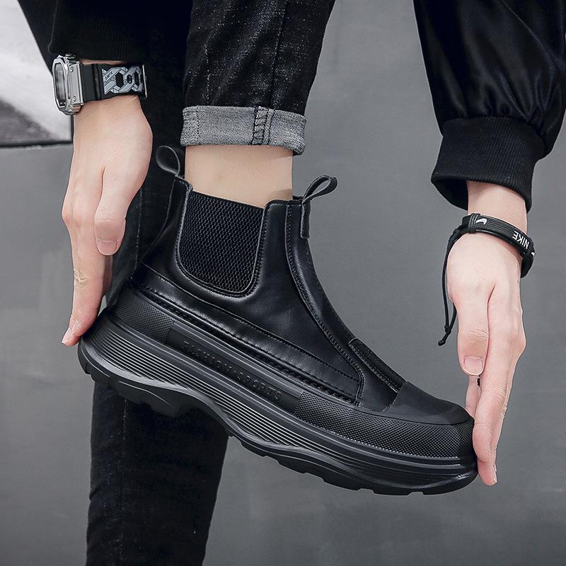 Fashion Men's Best Fashion Leather Boots Autumn New Thick-soled Lightweight High Boots High-top Trend Casual White Shoes Chelsea Boots