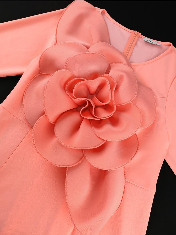 Elegant Pink Maxi Mermaid Dress with Long Sleeve Patchwork 3D Flower Bodycon Perfect for Cocktail Dinner Formal Party Gown