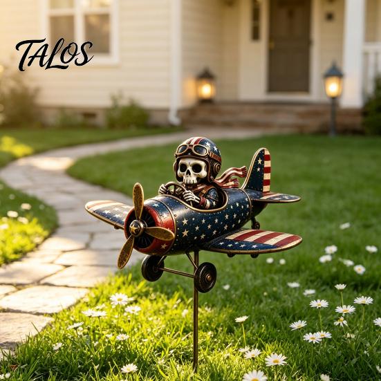 Holiday Landscape Statue Metal Skeleton Pilot Airplane Wind Spinner with Ground Stake, Vintage American Flag Garden Retro Lawn Ornament Yard