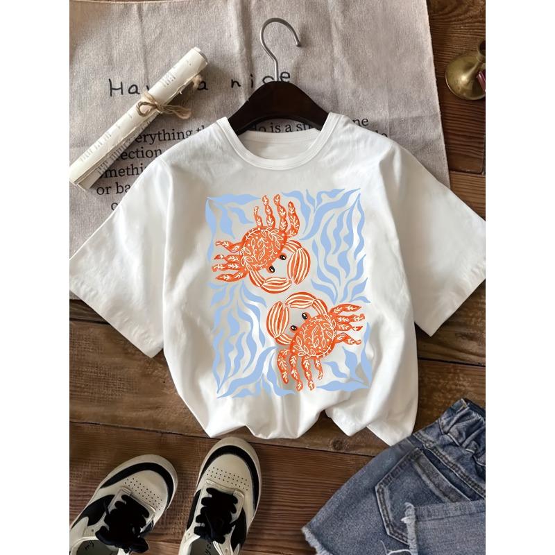 Kids Crewneck T-Shirt, Retro Crab & Seaweed Print Spring Summer Casual Short Sleeve Tee