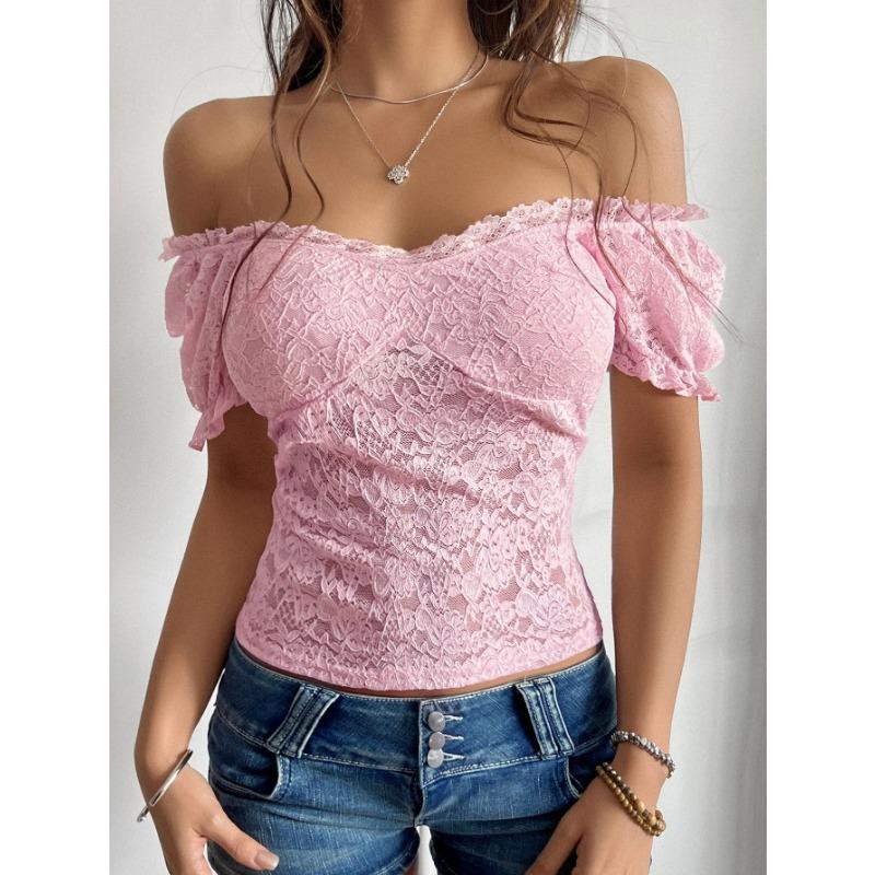 Summer Boat Neck Solid Color Lace Crop Top Women Short Sleeve All-match Sexy Off the Shoulder Hollow Out Tee