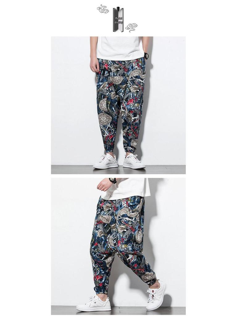 2023 Spring Men's Chinese-Style Cotton Linen Harem Pants - Printed Hip Hop Trousers